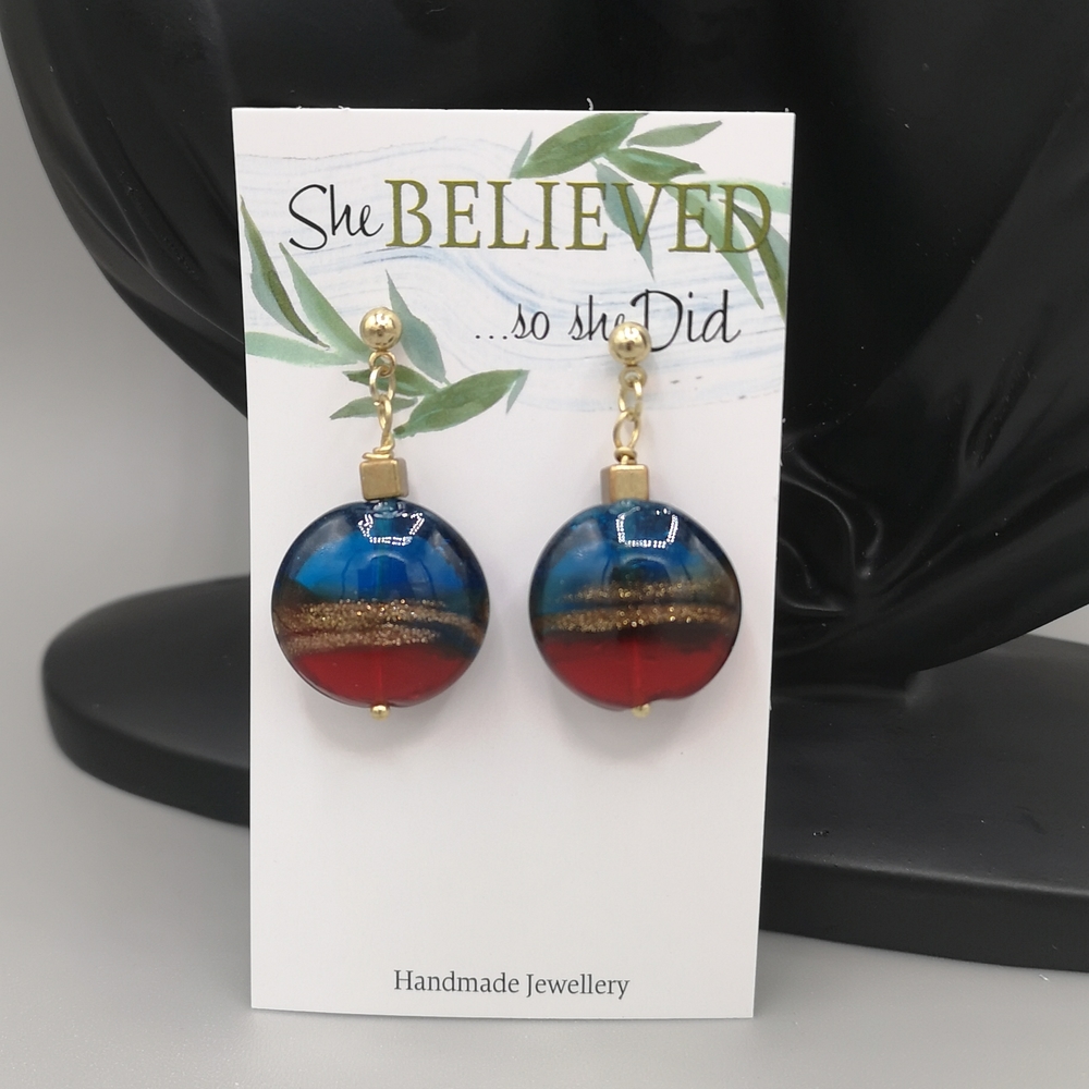 Red & Blue Glass Earrings With Gold Sparkle Glitter